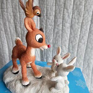 Rudolph the Red Nosed Reindeer Figurine, with rabbits and bird- Enesco